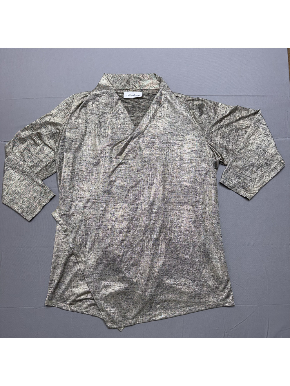Calvin Klein Womens Metallic Draped Open Front Cardigan Size L Gold Shimmer